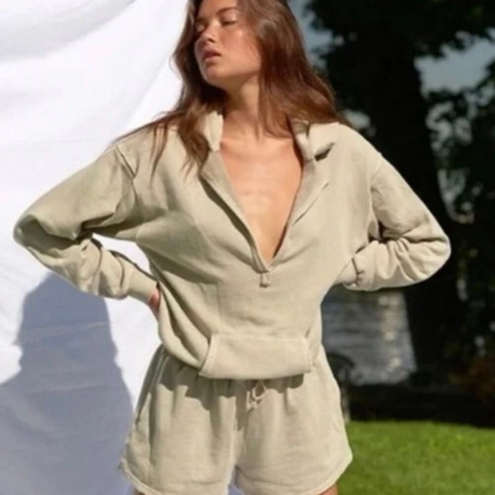 Free People Beach Kickin It Romper XS Stone Hoodie Lounge Oversized Relaxed - Picture 1 of 13